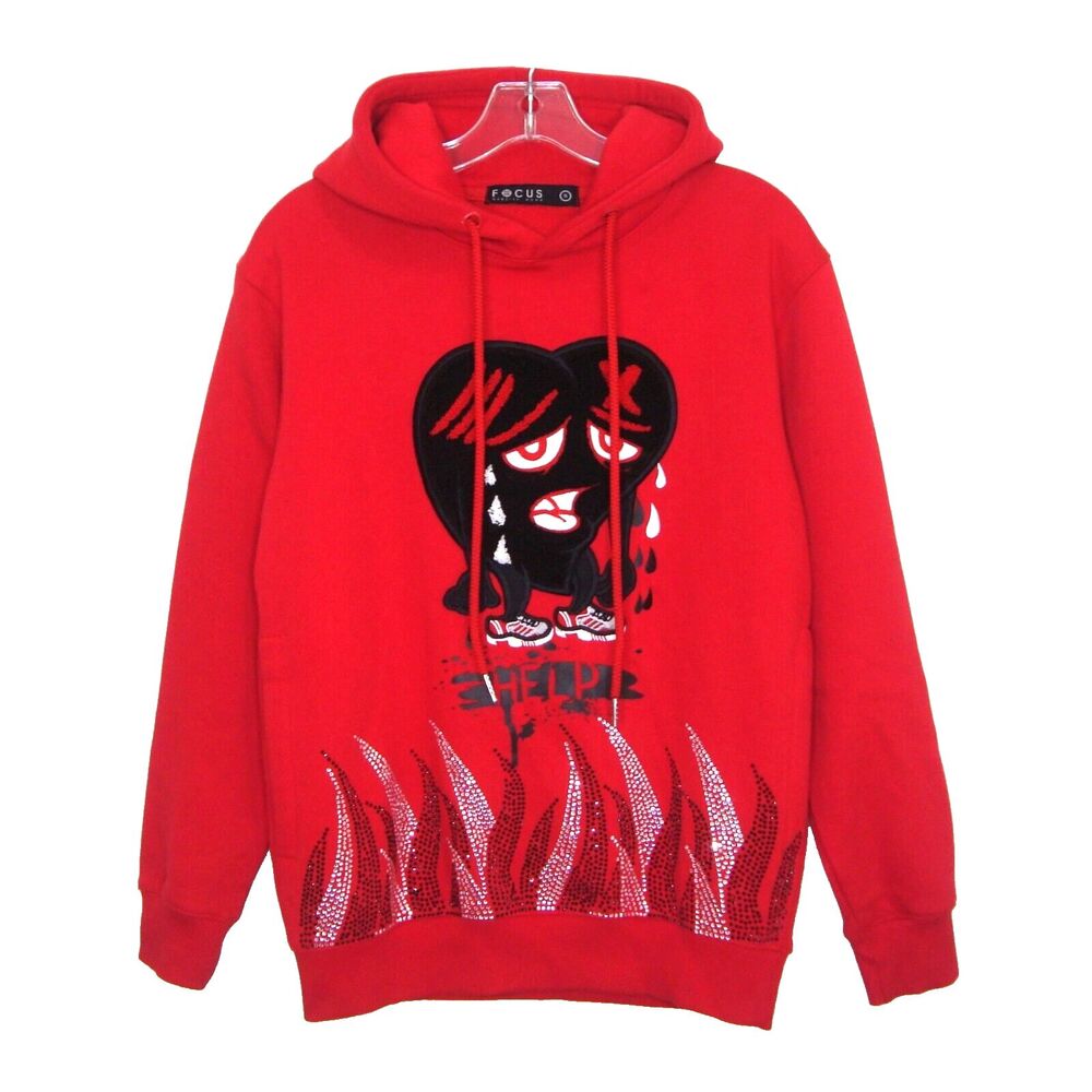 NWOT Focus Red Embroidered Embellished Red Help Flaming Hoodie Sweatshirt Size S
